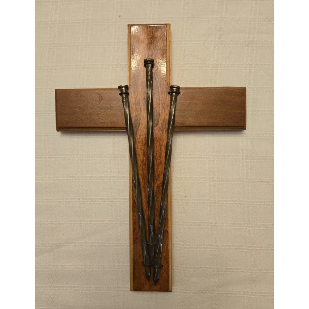 Handcrafted Wooden Cross with 3 Twisted Metal Spike Nails 10x14 Rustic Decor